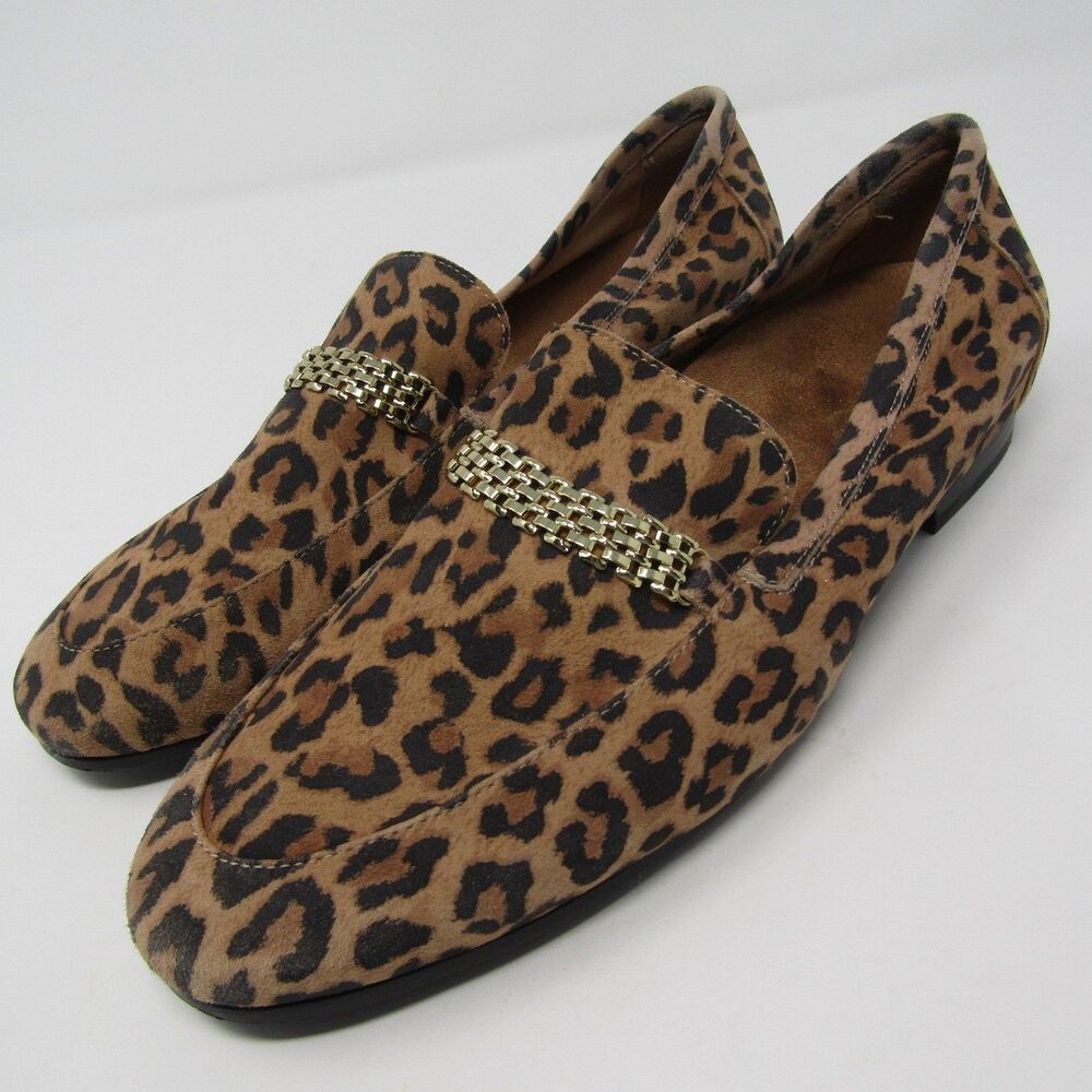 Vionic Charlotte Women's 6.5 Leopard Print Slip-On Loafers Flats Chain Accent